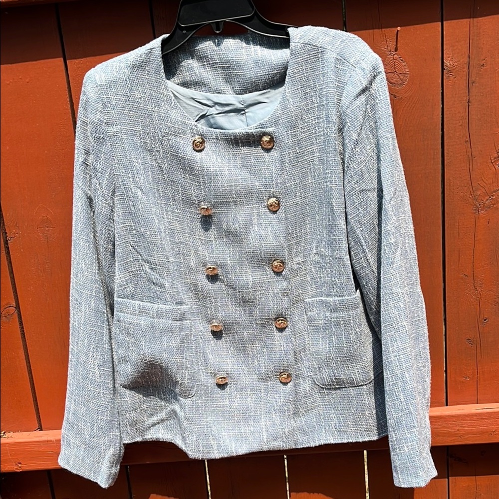 Women's Button Up Blazer with Gold Buttons.